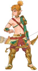 Rule 34 | 1boy, absurdres, arm at side, armor, armored boots, arrow (projectile), bad id, bad pixiv id, baggy pants, blonde hair, blue eyes, blush, boots, bow (weapon), collarbone, commentary request, desert voe set (zelda), earrings, flamebreaker set (zelda), full body, gem, hair ornament, highres, holding, holding bow (weapon), holding weapon, hoop earrings, igote, ivy (sena0119), jewelry, legs apart, link, looking to the side, male focus, navel, nintendo, pants, pointy ears, quiver, shoes, shoulder armor, simple background, solo, standing, stomach, the legend of zelda, the legend of zelda: breath of the wild, topknot, weapon, white background