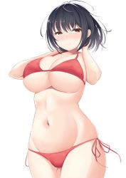 Rule 34 | 1girl, absurdres, ahoge, arms up, bikini, black hair, blush, breasts, cleavage, commentary request, covered erect nipples, expressionless, hand in own hair, highres, kanata (kanade pa), large breasts, looking at viewer, navel, original, red bikini, side-tie bikini bottom, simple background, standing, swimsuit, underboob, white background, yellow eyes