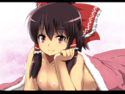Rule 34 | 1girl, bad id, bad pixiv id, black hair, blanket, bow, breasts, brown hair, female focus, flat chest, hair bow, hakurei reimu, head rest, hyudora, large bow, letterboxed, lying, nipples, on stomach, red eyes, ribbon, smile, solo, topless, touhou