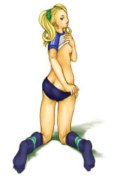 Rule 34 | 1girl, artist request, ass, atlus, ayase yuka, blonde hair, breasts, buruma, butt crack, clothes lift, earrings, female focus, flat chest, freckles, full body, gym uniform, jewelry, kneeling, looking back, loose socks, nipples, panties, persona, persona 1, red eyes, scrunchie, shirt, shirt lift, short twintails, socks, solo, twintails, underwear, undressing, uniform, white background