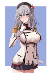 1girl absurdres beret blue_background blue_eyes blush breasts epaulettes finger_to_mouth frilled_sleeves frills gloves grey_hair hat highres kantai_collection kashima_(kancolle) large_breasts long_hair long_sleeves looking_at_viewer military military_uniform neckerchief pleated_skirt red_neckerchief skirt smile solo sparkle tf_cafe twintails uniform white_background white_gloves