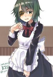 Rule 34 | 1girl, alternate costume, apron, black dress, blush, character name, commentary request, cowboy shot, dated, dress, embarrassed, enmaided, eyepatch, green eyes, green hair, hair between eyes, hand up, kantai collection, kiso (kancolle), long skirt, long sleeves, maid, maid apron, neck ribbon, one-hour drawing challenge, open mouth, red ribbon, ribbon, short hair, skirt, skirt tug, solo, sweatdrop, twitter username, u yuz xx, upper body, white apron