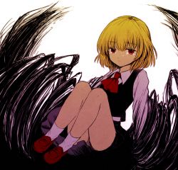 Rule 34 | 1girl, bad id, bad pixiv id, bare legs, blonde hair, darkness, dress shirt, female focus, furorida, highres, loafers, looking at viewer, necktie, no headwear, red eyes, rumia, shirt, shoes, short hair, skirt, socks, solo, tears, touhou, vest, white socks