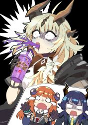 Rule 34 | 3girls, absurdres, ahoge, arknights, bagpipe (arknights), black background, black gloves, blonde hair, blue hair, ch&#039;en (arknights), commentary request, constricted pupils, cup, disposable cup, dragon horns, dress, drinking straw, flower, gloves, grimace shake (meme), hair flower, hair ornament, highres, holding, holding cup, horns, long hair, mcdonald&#039;s, meme, multiple girls, necktie, o o, open mouth, orange hair, reed (arknights), reed the flame shadow (arknights), short sleeves, sleepyowl (jobkung15), upper body, very long hair, white dress, white flower, yellow necktie