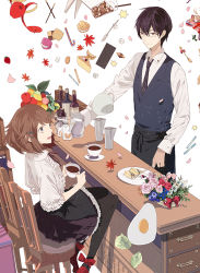 Rule 34 | 1boy, 1girl, apple, black hair, black necktie, black pantyhose, brown hair, cake, candy, candy cane, cup, egg, envelope, flower, food, fruit, glasses, hair ornament, hairclip, holding, holding cup, looking at another, looking away, necktie, okazaki oka, open mouth, original, pantyhose, plate, semi-rimless eyewear, short hair, smile, tea, teacup