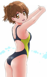 Rule 34 | 1girl, ass, black one-piece swimsuit, brown eyes, brown hair, commentary request, competition swimsuit, cowboy shot, dengeki gx, fresh precure!, from behind, highres, looking at viewer, one-piece swimsuit, one side up, precure, short hair, simple background, solo, standing, stretching, swimsuit, white background, yamabuki inori