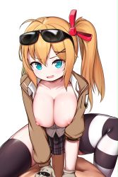 Rule 34 | 1boy, 1girl, absurdres, asymmetrical legwear, bad id, bad pixiv id, blue eyes, blush, boots, breasts, breasts out, cleavage, cowgirl position, eyewear on head, girl on top, girls&#039; frontline, gloves, hair between eyes, hair ornament, hair ribbon, hetero, high heel boots, high heels, highres, jacket, kalina (girls&#039; frontline), large breasts, long hair, looking at viewer, miniskirt, mismatched legwear, nipples, open clothes, open jacket, open mouth, open shirt, orange hair, pelican (s030), penis, pleated skirt, ribbon, sex, side ponytail, simple background, skirt, smile, solo focus, spread legs, straddling, sunglasses, sunglasses on head, tagme, thighhighs, vaginal, white background