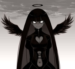 Rule 34 | 10s, 1girl, angel, as109, bad id, bad pixiv id, black hair, black wings, breasts, cleavage, cleavage cutout, clothing cutout, colored inner hair, dark persona, evil smile, eye focus, glowing, glowing eyes, halo, heart, heart cutout, long hair, looking at viewer, medium breasts, monochrome, multicolored hair, navel, panty &amp; stocking with garterbelt, sky, smile, solo, spoilers, stocking (psg), tsurime, very long hair, white eyes, wings, zipper