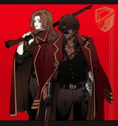 Rule 34 | 1boy, 1girl, belt, breasts, brown hair, cleavage cutout, clothing cutout, dark-skinned male, dark skin, eyepatch, gun, heathcliff (project moon), highres, holding, holding gun, holding weapon, jacket, large breasts, limbus company, messy hair, muzzle, non-web source, open clothes, open jacket, project moon, prosthesis, prosthetic arm, rodion (project moon), scar, scar on face, weapon