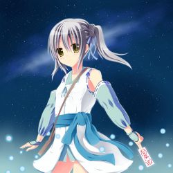 Rule 34 | 1girl, bag, bare shoulders, blue ribbon, collarbone, commentary request, cowboy shot, detached sleeves, eyes visible through hair, fingerless gloves, flat chest, gloves, green eyes, grey hair, hair ribbon, highres, japanese clothes, jewelry, light particles, looking at viewer, neko no nikukyuu, night, night sky, oda nobuna no yabou, onmyouji, panties, pantyshot, ribbon, ribbon-trimmed sleeves, ribbon trim, ring, sash, short hair, shoulder bag, sky, smile, solo, standing, star (sky), star (symbol), starry sky, takenaka hanbee (oda nobuna no yabou), twintails, underwear, white panties