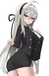 Rule 34 | 1girl, absurdres, ahoge, ass, black hairband, black jacket, black shirt, black skirt, blazer, breasts, button gap, buttons, commission, cowboy shot, grey hair, hair between eyes, hairband, highres, jacket, large breasts, long hair, long sleeves, looking at viewer, looking back, miniskirt, office lady, open clothes, open jacket, original, parted lips, pencil skirt, red eyes, shirt, side slit, sinkee, skirt, solo, standing, thighs, twisted torso, very long hair, white shirt