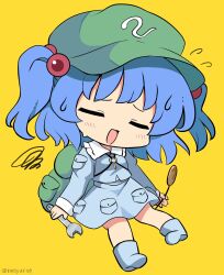 Rule 34 | 1girl, blue footwear, blue hair, blue shirt, blue skirt, blush, boots, closed eyes, collared shirt, flat cap, flying sweatdrops, green hat, hair bobbles, hair ornament, hat, highres, holding, holding wrench, kawashiro nitori, key, long sleeves, open mouth, ramudia (lamyun), shirt, short hair, simple background, skirt, solo, touhou, twitter username, two side up, wrench, yellow background