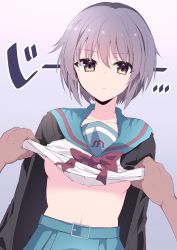 Rule 34 | 1girl, arms at sides, assisted exposure, black jacket, blue sailor collar, blue skirt, bow, breasts, breasts apart, brown eyes, buckle, closed mouth, clothes lift, collarbone, expressionless, gradient background, grey background, highres, himiya jouzu, jacket, lifting another&#039;s clothes, looking at viewer, nagato yuki, navel, no bra, open clothes, open jacket, pov, purple hair, red bow, sailor collar, shirt lift, short hair, skirt, small breasts, solo focus, suzumiya haruhi no yuuutsu, sweat, translation request, underboob, upper body