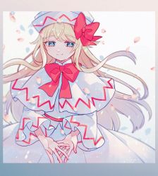 Rule 34 | 1girl, blonde hair, blue eyes, blush, border, bow, bowtie, capelet, closed mouth, dress, falling petals, gradient border, hair bow, hat, highres, katai (nekoneko0720), lily white, long hair, looking down, open hand, petals, red bow, red bowtie, simple background, smile, solo, touhou, upper body, very long hair, white background, white capelet, white dress, white hat, wide sleeves