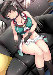 Rule 34 | 1girl, bare arms, bare shoulders, black gloves, black hair, black socks, blush, breasts, choker, choukai (kancolle), choukai kai ni (kancolle), cleavage, collarbone, commentary request, couch, glasses, gloves, groin, hair ornament, hat, headgear, highres, indoors, kantai collection, kneehighs, kuromayu, large breasts, long hair, midriff, miniskirt, on couch, panties, pleated skirt, red eyes, rimless eyewear, sitting, skirt, socks, solo, underwear, untied