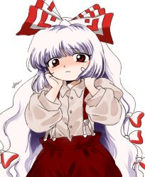 Rule 34 | 1girl, baggy pants, blush, bow, buttons, closed mouth, collared shirt, commentary request, cowboy shot, dress shirt, embarrassed, eyes visible through hair, fujiwara no mokou, hair bow, hands on own cheeks, hands on own face, hands up, juliet sleeves, long hair, long sleeves, looking at viewer, nose blush, official style, pants, puffy long sleeves, puffy sleeves, red bow, red eyes, red pants, sakumo (okura oishiiii), shirt, shirt tucked in, signature, solo, suspenders, touhou, very long hair, white background, white bow, white hair, white shirt, wing collar, zun (style)