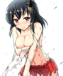 Rule 34 | 10s, 1girl, black hair, bloom, blush, body blush, breast hold, breasts, covering privates, covering breasts, artistic error, gin&#039;ichi (akacia), hair ornament, injury, kantai collection, large breasts, lips, navel, nontraditional miko, personification, red eyes, short hair, simple background, solo, tears, topless, torn clothes, white background, yamashiro (kancolle)