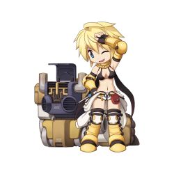 Rule 34 | 1girl, armor, armored boots, bikini, bikini top only, black bikini, black gloves, black thighhighs, blonde hair, blue eyes, boots, breasts, chain, chibi, elbow gloves, full body, gloves, hair between eyes, holding, holding screwdriver, jewelry, jumpsuit, jumpsuit around waist, long bangs, looking to the side, mecha, mechanic (ragnarok online), medium breasts, navel, necklace, o-ring, o-ring top, official art, one eye closed, open mouth, ragnarok online, robot, screwdriver, short hair, simple background, smile, solo, standing, swimsuit, tachi-e, thighhighs, transparent background, vambraces, white jumpsuit, wiping sweat, yellow armor, yuichirou