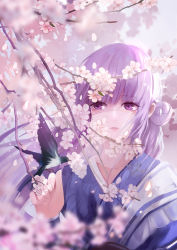 Rule 34 | 1girl, absurdres, asymmetrical sleeves, branch, chinese clothes, dress, hair ornament, highres, long hair, long sleeves, purple eyes, purple hair, qinshi mingyue, shao siming (qin shi ming yue), shao siming zhuye, staring, veil, weibo logo, weibo watermark