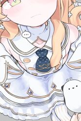 Rule 34 | ..., . ., 1girl, 1other, absurdres, bird, bird on hand, blonde hair, blue archive, blush, cleavage cutout, close-up, clothing cutout, collarbone, detached sleeves, dress, highres, looking at viewer, necktie, pov, pov hands, seia (blue archive), sensei (blue archive), sharp to sharp, short necktie, sideless outfit, spoken ellipsis, white dress