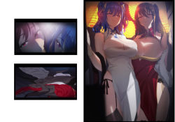 Rule 34 | 2girls, absurdres, azur lane, bare shoulders, black hair, blue hair, breasts, china dress, chinese clothes, cleavage, cleavage cutout, closed mouth, unworn clothes, clothing cutout, commentary request, dress, erection, fellatio, from below, fur, garter straps, hair between eyes, highres, jugen shaonu gongcha, lantern, large breasts, long hair, multiple girls, official alternate costume, one side up, oral, panties, pelvic curtain, penis, purple eyes, red dress, red eyes, side-tie panties, side slit, smile, st. louis (azur lane), st. louis (blue and white pottery) (azur lane), taihou (azur lane), taihou (phoenix&#039;s spring song) (azur lane), thighhighs, thighs, twintails, underwear, white dress