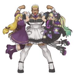 Rule 34 | 1boy, 2girls, :d, alternate costume, apron, bandaged fingers, bandaged wrist, bandages, bat wings, beret, black gloves, black hair, blonde hair, boots, bow, bowtie, carrying multiple people, carrying person, commentary, detached collar, double biceps pose, dress, english commentary, enmaided, eyeball hair ornament, eyes visible through hair, flexing, frilled dress, frills, full body, garter straps, glasses, gloves, gradient hair, green hair, hanging on arm, hat, height difference, irezumi, knee pads, long hair, looking at viewer, low-tied long hair, maid, maid apron, maid headdress, mary janes, multicolored hair, multiple girls, muscular, muscular male, nyaattoberritto, open mouth, platform boots, platform footwear, puffy short sleeves, puffy sleeves, purple bow, purple bowtie, purple dress, purple eyes, purple footwear, shijou hinako, shoes, short hair, short sleeves, simple background, smile, striped clothes, striped thighhighs, sylvie paula paula, tattoo, the king of fighters, the king of fighters xv, thighhighs, tongue, tongue out, two-tone hair, vertical-striped clothes, vertical-striped thighhighs, very long hair, white background, white thighhighs, wings, wrist cuffs, yamazaki ryuuji, zettai ryouiki