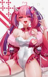 Rule 34 | 1girl, absurdres, ahoge, blush, bow, bow choker, breasts, bubble, choker, cleavage, covered navel, demon girl, demon horns, fangs, hair ornament, heart, heart ahoge, heart hair ornament, highres, horns, ironmouse, ironmouse (race queen), jacket, large breasts, leotard, long hair, multicolored hair, nail polish, navel, off shoulder, open mouth, pink bow, pink choker, pink hair, pink jacket, pink nails, purple eyes, purple hair, race queen, smile, solo, streaked hair, thigh strap, twintails, virtual youtuber, vshojo, wand, white leotard, yaebunny