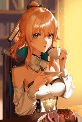 Rule 34 | 1girl, absurdres, bare shoulders, blue eyes, blurry, bookshelf, bow, breasts, chair, cleavage, collarbone, commentary request, cup, depth of field, detached collar, detached sleeves, food, genshin impact, hair between eyes, hair bow, hair ribbon, highres, holding, holding cup, holding plate, jean (genshin impact), leavv, long hair, looking at viewer, meat, orange hair, parted lips, plate, ponytail, ribbon, sidelocks, solo, sticky honey roast (genshin impact), teacup