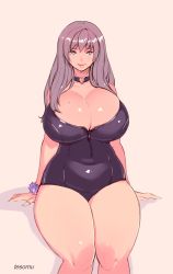 Rule 34 | 1girl, bdsm, blue eyes, blush, breasts, choker, cleavage, collar, curvy, grey hair, huge breasts, long hair, looking at viewer, mole, scrunchie, sitting, slave, smile, solo, swimsuit, tesomu, thick thighs, thighs, thumb ring, wide hips, zipper