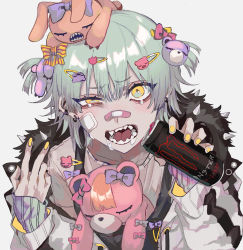 Rule 34 | 1boy, bandaid, bear hair ornament, bow, can, energy drink, green hair, hair ornament, hairclip, highres, holding, holding can, kuroume (aihikarikuroume24), long sleeves, looking at viewer, monster energy, nail polish, open mouth, original, sharp teeth, short hair, short twintails, simple background, solo, spikes, stuffed animal, stuffed toy, teddy bear, teeth, tongue, tongue out, twintails, yellow eyes