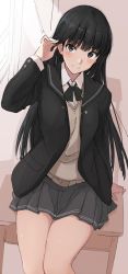 Rule 34 | 1girl, amagami, ayatsuji tsukasa, bad id, bad pixiv id, black bow, black hair, black jacket, blush, bow, brown eyes, closed mouth, collared shirt, commentary request, desk, dress shirt, grey skirt, tucking hair, hand up, indoors, jacket, long hair, long sleeves, mobu, on desk, open clothes, open jacket, pleated skirt, school desk, shirt, sitting, on desk, skirt, smile, solo, sweater vest, very long hair, white shirt, window