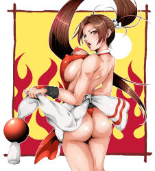Rule 34 | 1girl, arm guards, ass, breasts, brown eyes, brown hair, cleavage, commentary request, covered erect nipples, fatal fury, from behind, hair tie, high ponytail, highres, japanese clothes, large breasts, looking at viewer, looking back, ninja, open mouth, pelvic curtain, ponytail, retorou, revealing clothes, rope, shiranui mai, sideboob, solo, the king of fighters, thighs, thong, wrist cuffs