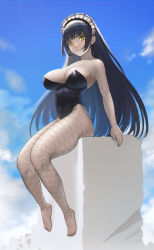 Rule 34 | 1girl, barefoot, black hair, black leotard, blue archive, blue sky, breasts, cleavage, cloud, commentary request, dark-skinned female, dark skin, feet, fishnet pantyhose, fishnets, hairband, highres, karin (blue archive), karin (bunny) (blue archive), large breasts, leotard, long hair, looking at viewer, maid headdress, oknoyes1290, pantyhose, playboy bunny, sitting, sky, solo, strapless, strapless leotard, yellow eyes