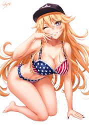 Rule 34 | 1girl, all fours, american flag, american flag bikini, american flag panties, american flag print, bare shoulders, barefoot, bikini, blonde hair, blue eyes, blue nails, blush, bra, breasts, cleavage, clothes writing, collarbone, flag print, grin, hair between eyes, hand up, hat, highres, iowa (kancolle), kantai collection, large breasts, long hair, looking at viewer, messy hair, nail polish, navel, one eye closed, panties, print bikini, print panties, sakiyamama, signature, simple background, smile, solo, star-shaped pupils, star (symbol), swimsuit, symbol-shaped pupils, thighs, underwear, white background, white nails
