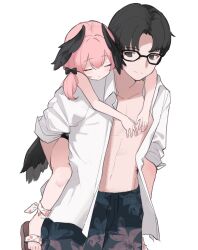 Rule 34 | 1boy, 1girl, absurdres, black-framed eyewear, black bow, black eyes, black hair, blue archive, blush, bow, carrying, closed eyes, closed mouth, feathered wings, floral print, glasses, hair between eyes, hair bow, haramaki (haranomaki), head wings, highres, koharu (blue archive), koharu (swimsuit) (blue archive), male swimwear, open clothes, open shirt, piggyback, pink hair, sandals, sensei (blue archive), shirt, simple background, swim trunks, white background, white shirt, wings