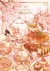 Rule 34 | animal, black cat, burger, cake, cat, cherry blossoms, clothed animal, commentary, cookie, cream, cup, daifuku, dango, english commentary, english text, feet, food, food focus, fruit, highres, holding, holding food, holding fruit, ichigo daifuku, jar, macaron, meringue, mousse (food), nao (bestrollever), no humans, original, petals, petals on liquid, pickled cherry blossom, pink theme, plate, rabbit, ramekin, sandwich, saucer, scone, spring (season), strawberry, sugar cube, swiss roll, tart (food), tea, teacup, teapot, teaspoon, themed object, tiered tray, wagashi