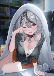 Rule 34 | 1girl, absurdres, arm support, black collar, black hair, black jacket, blush, bookshelf, breasts, cleavage, collar, commentary request, cup, disposable cup, fang, hair between eyes, hair ornament, heart collar, highres, hololive, indoors, jacket, large breasts, looking at viewer, medium hair, multicolored hair, nail polish, nintendo switch, one eye closed, open mouth, partially unzipped, piyopoyo, red eyes, red nails, rubbing eyes, sakamata chloe, shirt, silver hair, solo, streaked hair, tearing up, under covers, virtual youtuber, white shirt, x hair ornament