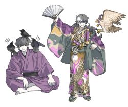 Rule 34 | 2boys, ace attorney, animal, animal on head, animal on shoulder, arm up, bags under eyes, bell, bird, black hair, brown feathers, clenched hand, crow, dual persona, facial mark, feather in mouth, feathers, full body, grey eyes, highres, japanese clothes, kimono, long hair, low ponytail, multicolored hair, multiple boys, neck bell, obi, on head, pale skin, phoenix wright: ace attorney - dual destinies, purple kimono, sandals, sash, sheath, sheathed, short hair, simon blackquill, sitting, small sweatdrop, smile, standing, streaked hair, taegi (woghkg), two-tone hair, white background, white hair, zouri