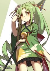Rule 34 | 1girl, arm up, back bow, bell, blush, bow, brown eyes, flower, flower knight girl, green background, green hair, green kimono, hair between eyes, hair flower, hair ornament, hair ribbon, high ponytail, japanese clothes, jingle bell, kimono, long hair, long sleeves, looking at viewer, mizunashi (second run), obi, parted bangs, parted lips, polearm, ponytail, red bow, red ribbon, ribbon, ribbon-trimmed sleeves, ribbon trim, ringlets, sankaku saboten (flower knight girl), sash, short kimono, solo, spear, sweat, two-tone background, very long hair, weapon, white background, white flower, wide sleeves