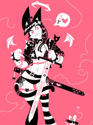 Rule 34 | 1girl, :3, andaerz, animal ears, belt, bikini, binary, bracelet, cat ears, cat girl, cat tail, choker, collarbone, commentary, drawn wings, english commentary, garter belt, hair ornament, hairclip, head tilt, heart, heart hair ornament, highres, holding, holding sword, holding weapon, jacket, jewelry, limited palette, long hair, looking at viewer, mouse (animal), original, pointing, spiked bracelet, spiked choker, spikes, striped clothes, striped thighhighs, swimsuit, sword, tail, thigh bow, thighhighs, weapon
