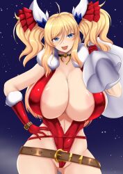 Rule 34 | 1girl, absurdres, alternate costume, breasts, christmas, curvy, fang, gloves, hand on own hip, highleg, highleg leotard, highres, huge breasts, leotard, long hair, night, night sky, official alternate costume, onizaki kirara, partially visible vulva, red gloves, red leotard, revealing clothes, shiny skin, sky, solo, taimanin (series), taimanin rpgx, thong leotard, twintails, very long hair, wide hips