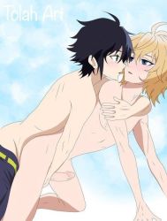 Rule 34 | 10s, 2boys, anal, arm support, bare arms, bare legs, bare shoulders, black hair, blonde hair, blue eyes, blush, couple, erection, eye contact, green eyes, hair between eyes, hug, hyakuya mikaela, hyakuya yuuichirou, imminent kiss, legs, looking at another, looking back, male focus, male penetrated, multiple boys, neck, nude, open mouth, owari no seraph, penis, sex, tolah, uncensored, yaoi