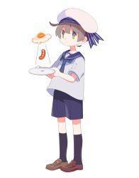 1boy black_socks blue_neckerchief blue_sailor_collar blue_shorts brown_footwear brown_hair egg_(food) floating food fried_egg green_eyes hat highres holding holding_plate male_focus neckerchief original plate sailor sailor_collar sailor_hat sausage shirt short_sleeves shorts simple_background socks solo sorata123 ufo white_background white_hat white_shirt