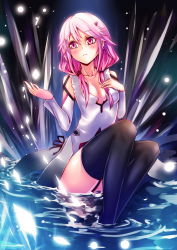 Rule 34 | 10s, 1girl, bare shoulders, black thighhighs, blush, breasts, cleavage, crystal, detached sleeves, guilty crown, hair ornament, hairclip, hand on own chest, highres, long hair, looking away, mikoto (mio), pink hair, red eyes, solo, thighhighs, twintails, water, yuzuriha inori