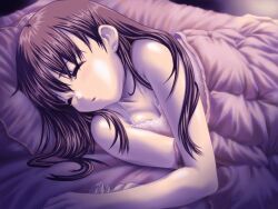 Rule 34 | 1girl, bed sheet, bra, bra strap, breasts, brown hair, cleavage, closed eyes, game cg, long hair, lying, medium breasts, morikawa yuki, nightgown, on side, open mouth, sleeping, small breasts, solo, underwear, upper body, white album, white nightgown