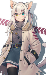 Rule 34 | 1girl, absurdres, animal ear fluff, animal ears, belt, belt buckle, black belt, black thighhighs, blue eyes, blue skirt, blush, braid, brown coat, brown eyes, buckle, cat ears, cat girl, cat tail, closed mouth, coat, commentary request, drop shadow, ear piercing, grey hair, grey sweater, hair between eyes, hands in pockets, heterochromia, highres, long hair, long sleeves, looking at viewer, one side up, open clothes, open coat, original, piercing, ribbed sweater, shikinagi, skirt, smile, solo, sweater, tail, thighhighs, turtleneck, turtleneck sweater, white background