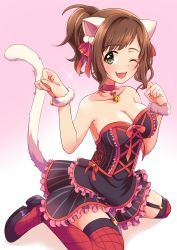 Rule 34 | 1girl, ;d, absurdres, animal ears, bell, black dress, breasts, brown hair, cat ears, cat tail, cleavage, collar, collarbone, dress, fang, frilled dress, frills, garter straps, gradient background, green eyes, hair ribbon, highres, idolmaster, idolmaster cinderella girls, jingle bell, layered dress, looking at viewer, maekawa miku, medium breasts, neck bell, one eye closed, open mouth, paw pose, pink background, ponytail, red ribbon, red thighhighs, ribbon, shiny clothes, shiny legwear, short dress, short hair, sitting, smile, solo, swepot, tail, thighhighs, wariza, white background, wrist cuffs