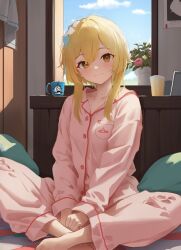 Rule 34 | 1girl, aerldor, aliasing, barefoot, blonde hair, blue sky, buttons, closed mouth, cloud, collarbone, commentary request, cup, day, drinking glass, feet out of frame, flower, genshin impact, hair flower, hair ornament, indian style, indoors, lily (flower), long sleeves, looking at viewer, lumine (genshin impact), paimon (genshin impact), pajamas, pink flower, pink pajamas, pink shirt, plant, pocket, potted plant, shirt, short hair with long locks, sidelocks, sitting, sky, smile, solo, window, yellow eyes