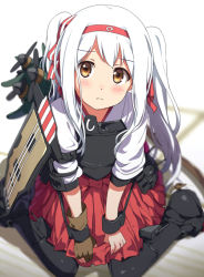 Rule 34 | 10s, 1girl, aircraft, airplane, alternate hairstyle, armor, brown gloves, flight deck, gloves, hairband, kantai collection, long hair, looking at viewer, ogipote, shirt, shoukaku (kancolle), silver hair, single glove, sitting, skirt, solo, twintails, v arms, very long hair, wariza, aged down