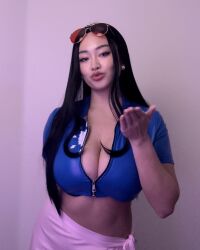 Rule 34 | 1girl, black hair, blowing kiss, breasts, cleavage, cosplay, glasses, highres, large breasts, long hair, looking at viewer, midriff, nico robin, nico robin (cosplay), one piece, photo (medium), real life, sexually suggestive, solo, sunglasses on head